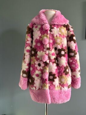 Girls Pink Floral Faux-Fur  Coat